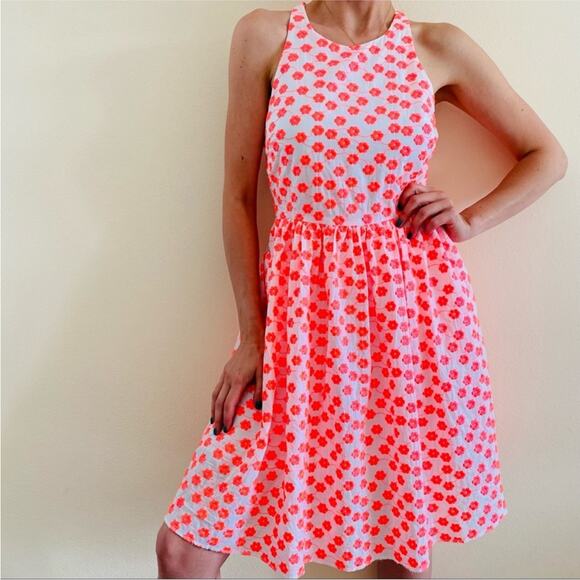 J. Crew White Neon Pink Embroidered Floral Racer Dress A5586 Size 10 Fit Flare - Picture 1 of 12